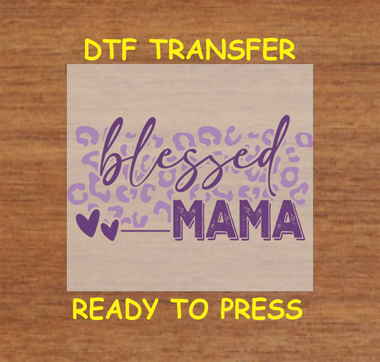 Blessed Mama DTF transfer with leopard print and hearts in purple tones, ready to press.
