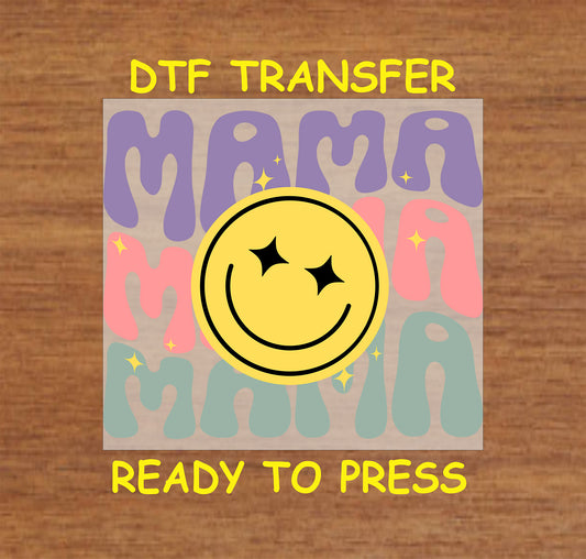 Retro Mama DTF transfer with multicolor text and a yellow smiley face.