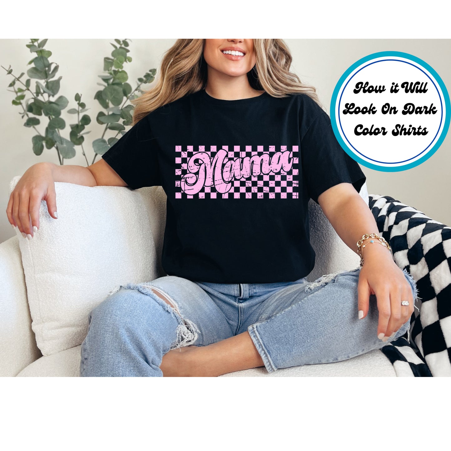 Mom DTF Transfer Iron On Heat Transfer - Ready to Press, Pink Checker Mama DTF Transfer 5394