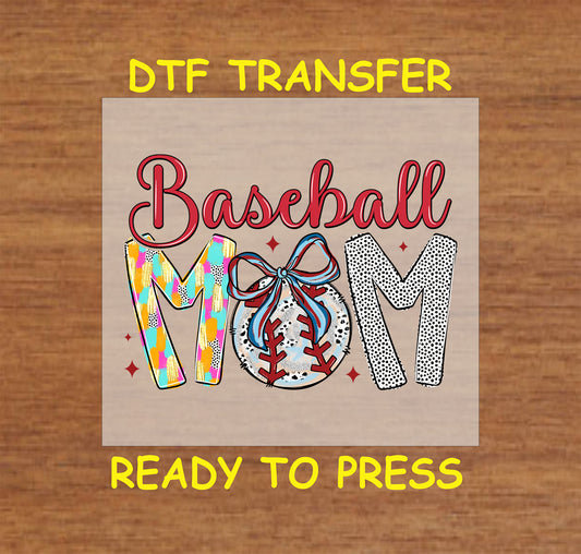 Colorful "Baseball Mom" DTF transfer with a bow and stitched baseball design.