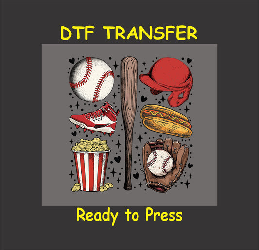 Baseball DTF transfer featuring a bat, ball, glove, helmet, cleats, popcorn, and a hot dog on a gray background.