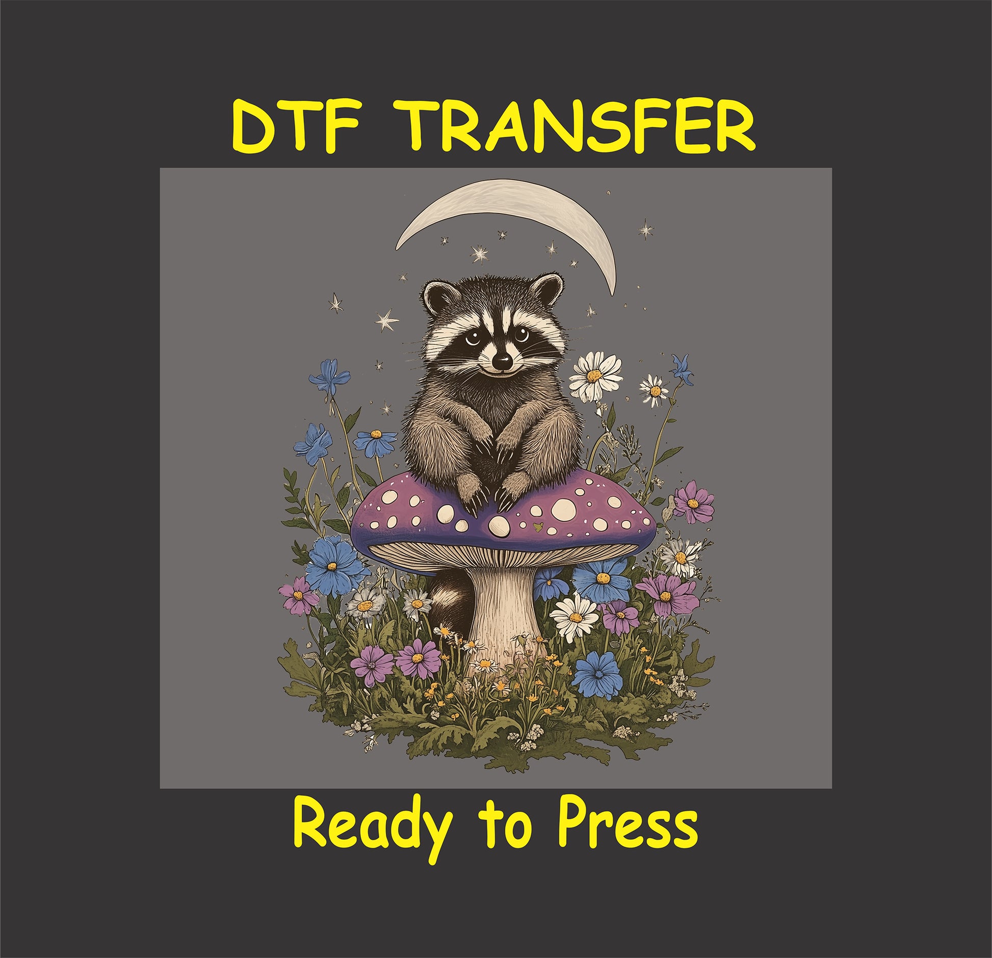 Boho-style raccoon sitting on a purple mushroom, surrounded by flowers and a crescent moon.