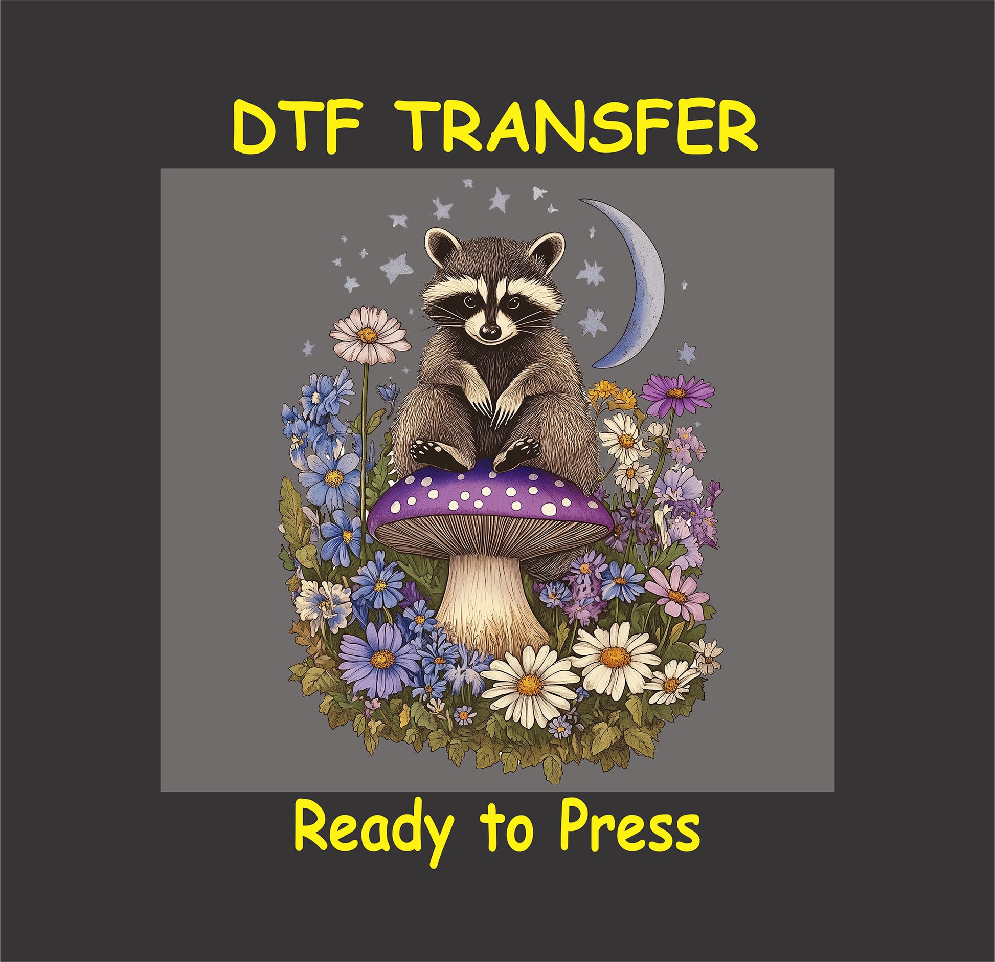Boho-style raccoon sitting on a purple mushroom among wildflowers with a crescent moon.