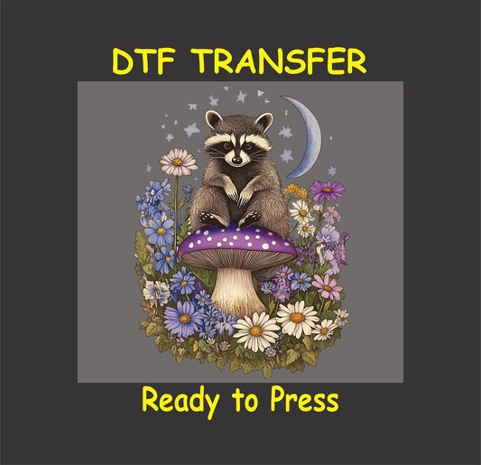 Boho-style raccoon sitting on a purple mushroom among wildflowers with a crescent moon.