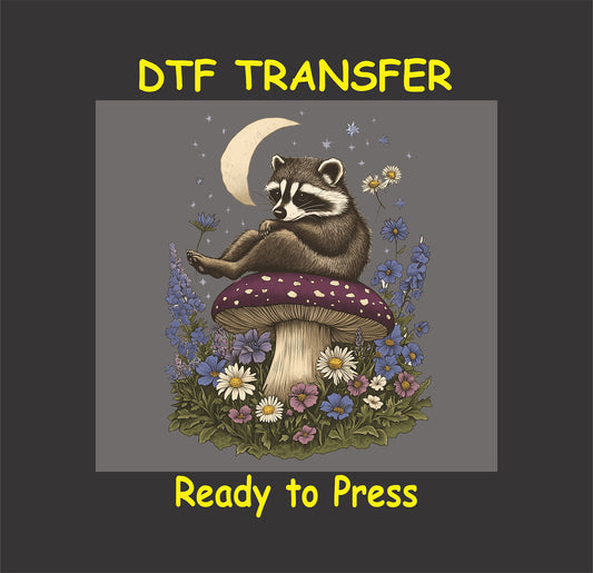 Boho raccoon sitting on a purple mushroom with wildflowers, crescent moon, and stars.