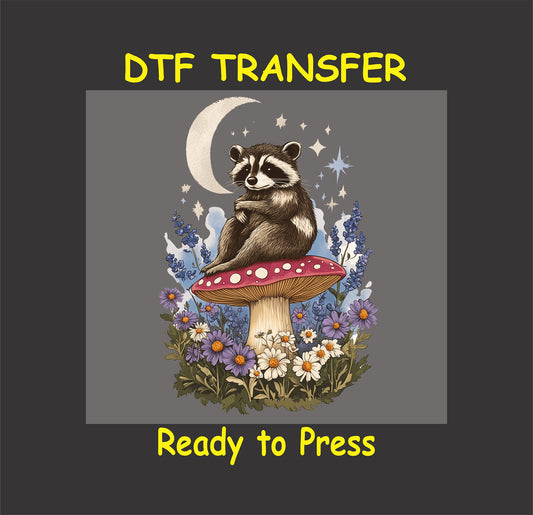 Boho raccoon sitting on a red toadstool with wildflowers, crescent moon, and stars.