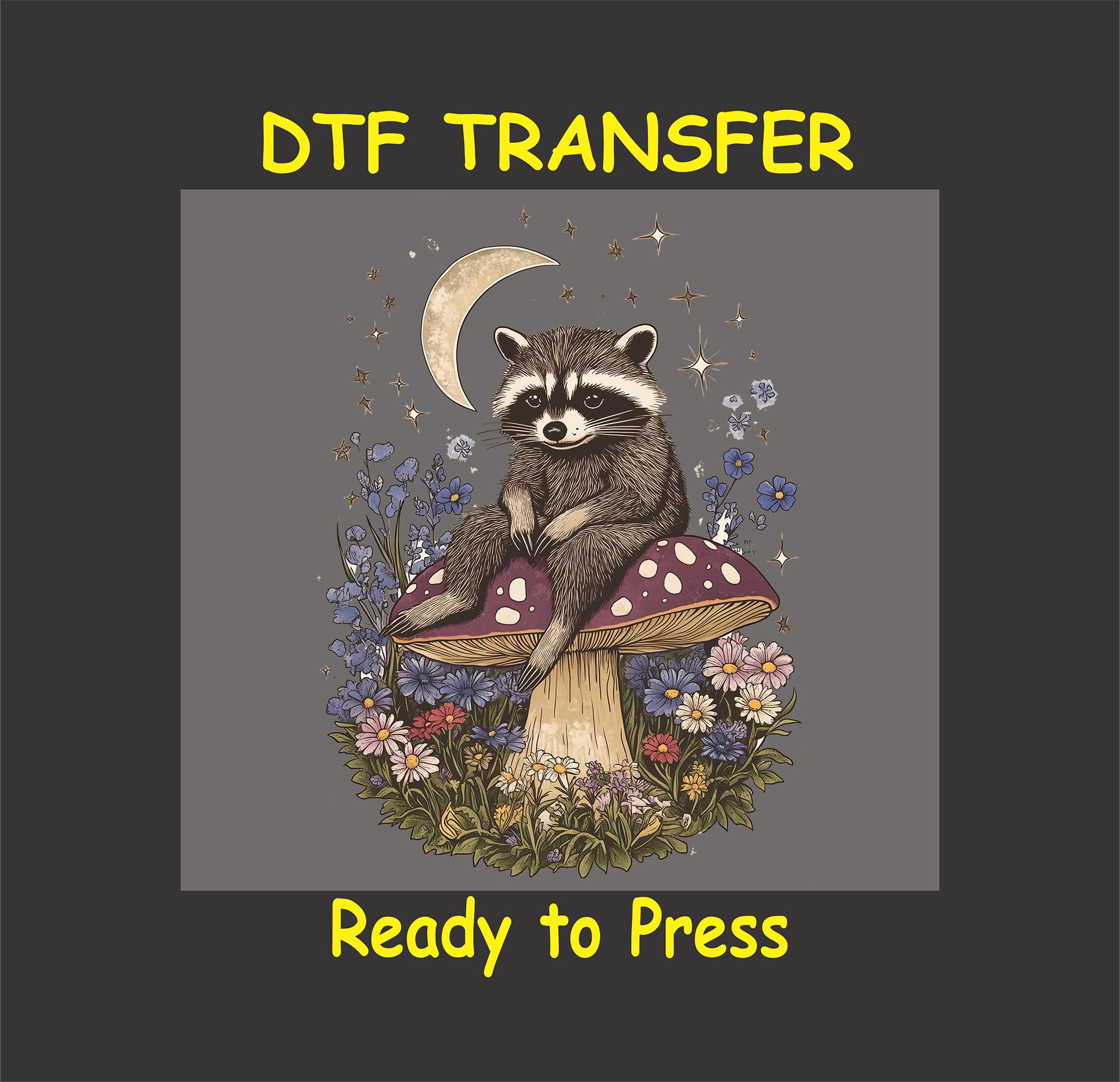 Boho raccoon sitting on a red toadstool with wildflowers, crescent moon, and stars.