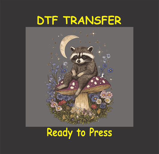 Boho raccoon sitting on a red toadstool with wildflowers, crescent moon, and stars.