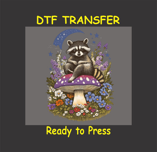 Boho raccoon sitting on a mushroom with wildflowers and a starry crescent moon.