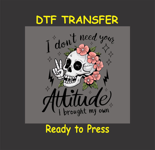 Floral skull DTF transfer with a peace sign, pink flowers, and attitude quote.
