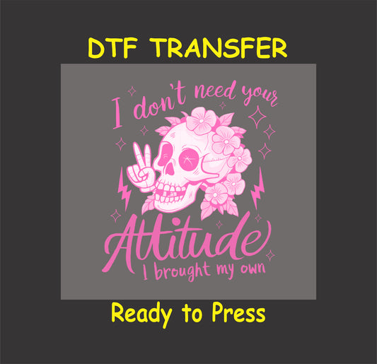 Pink floral skull DTF transfer with a peace sign, lightning bolts, and attitude quote.