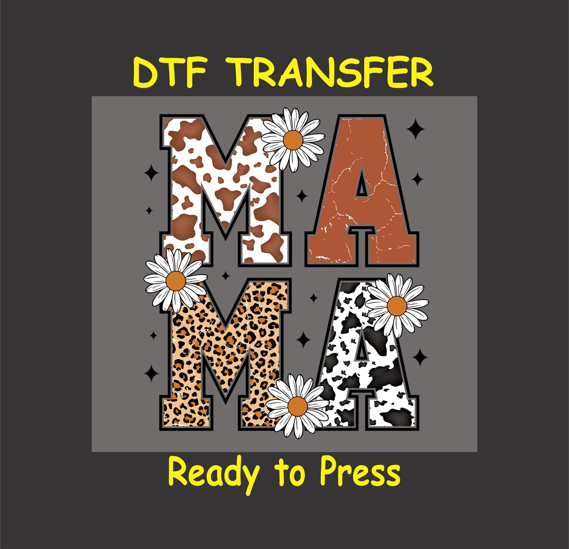 Western-style Mama DTF transfer with cow print, leopard print, and daisy accents.