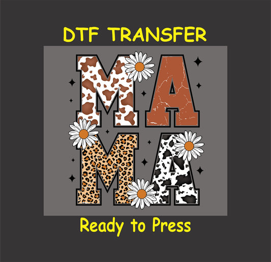 Western-style Mama DTF transfer with cow print, leopard print, and daisy accents.