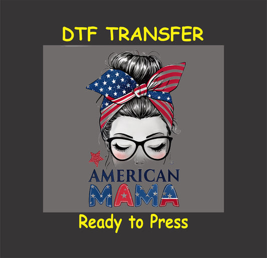 American Mama DTF transfer with a USA flag bandana, glasses, and stars.