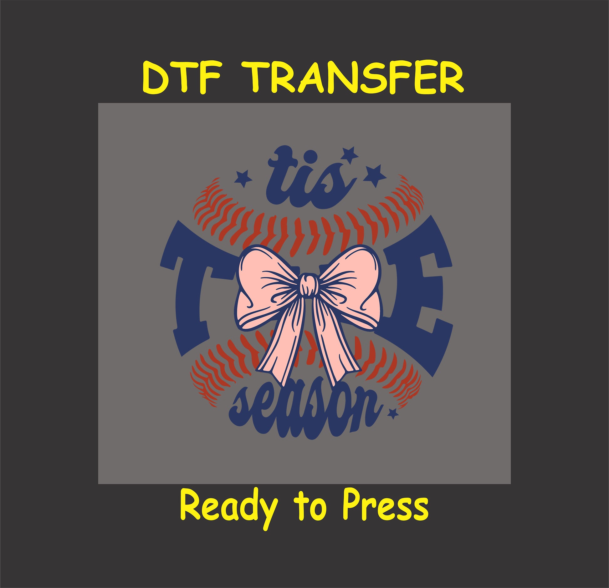 Baseball DTF transfer with the phrase ‘Tis the Season, featuring a bow and red stitching.