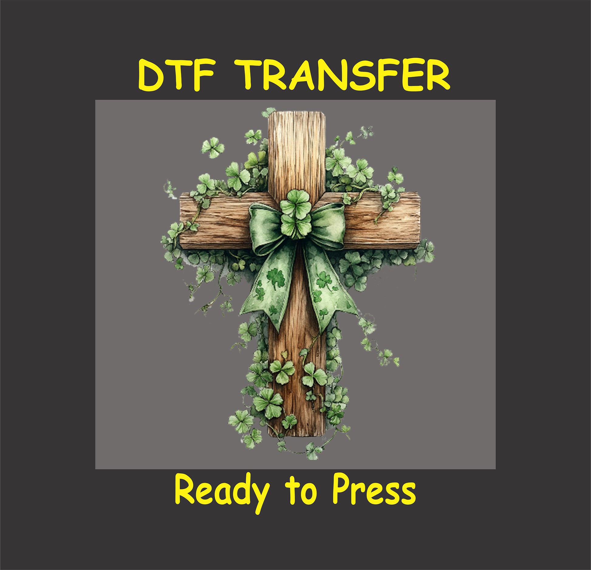 Rustic wooden cross DTF transfer with a green ribbon and clovers.