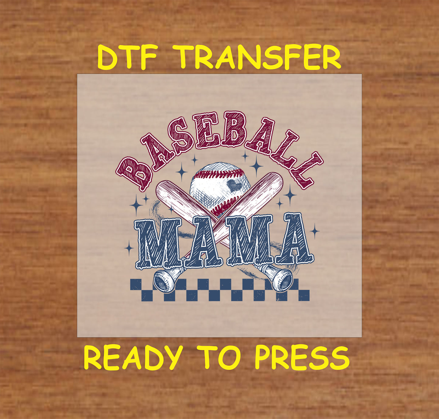 Vintage Baseball Mama DTF transfer with bats, a baseball, and checkered background.