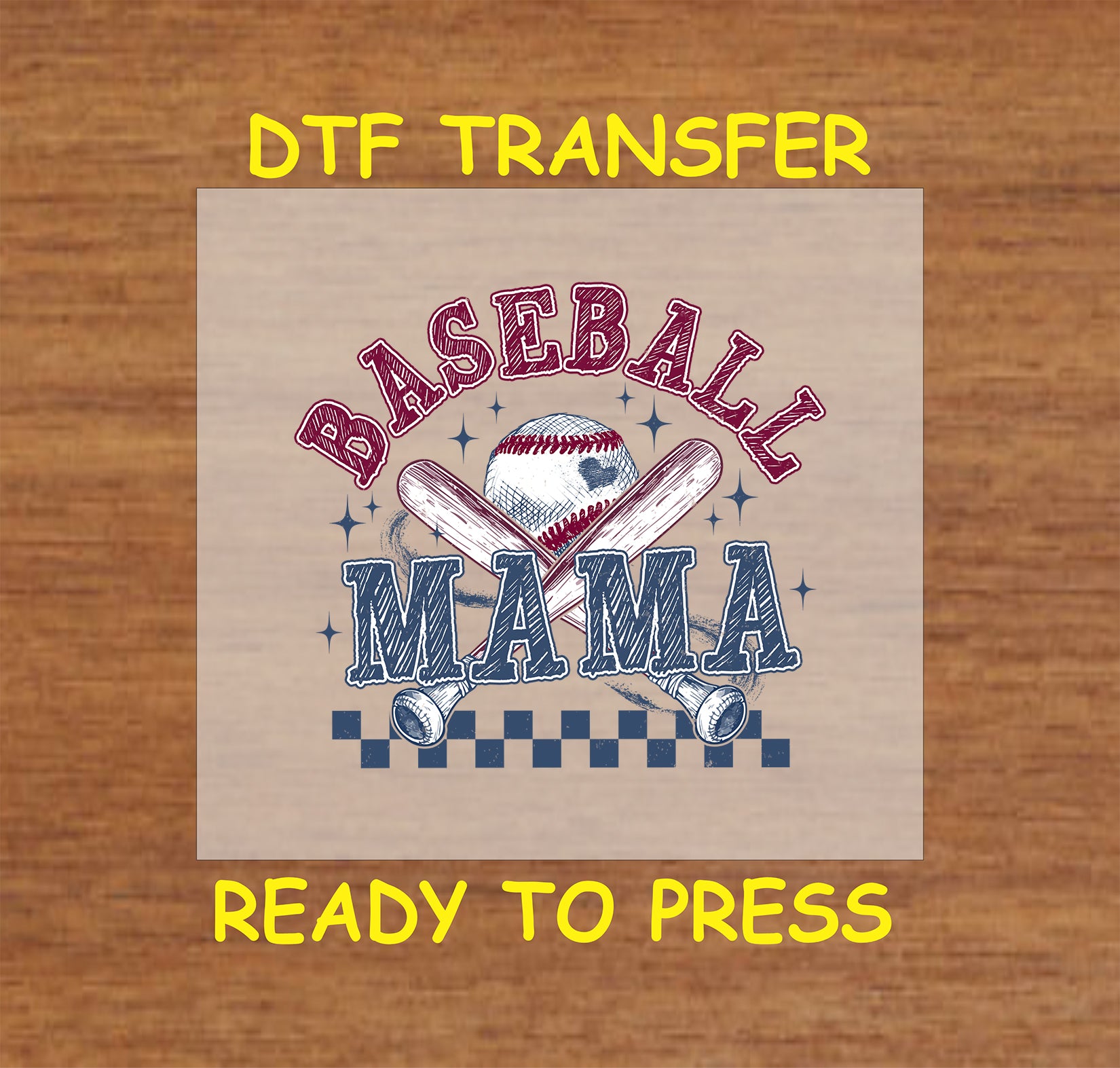 Vintage Baseball Mama DTF transfer with bats, a baseball, and checkered background.