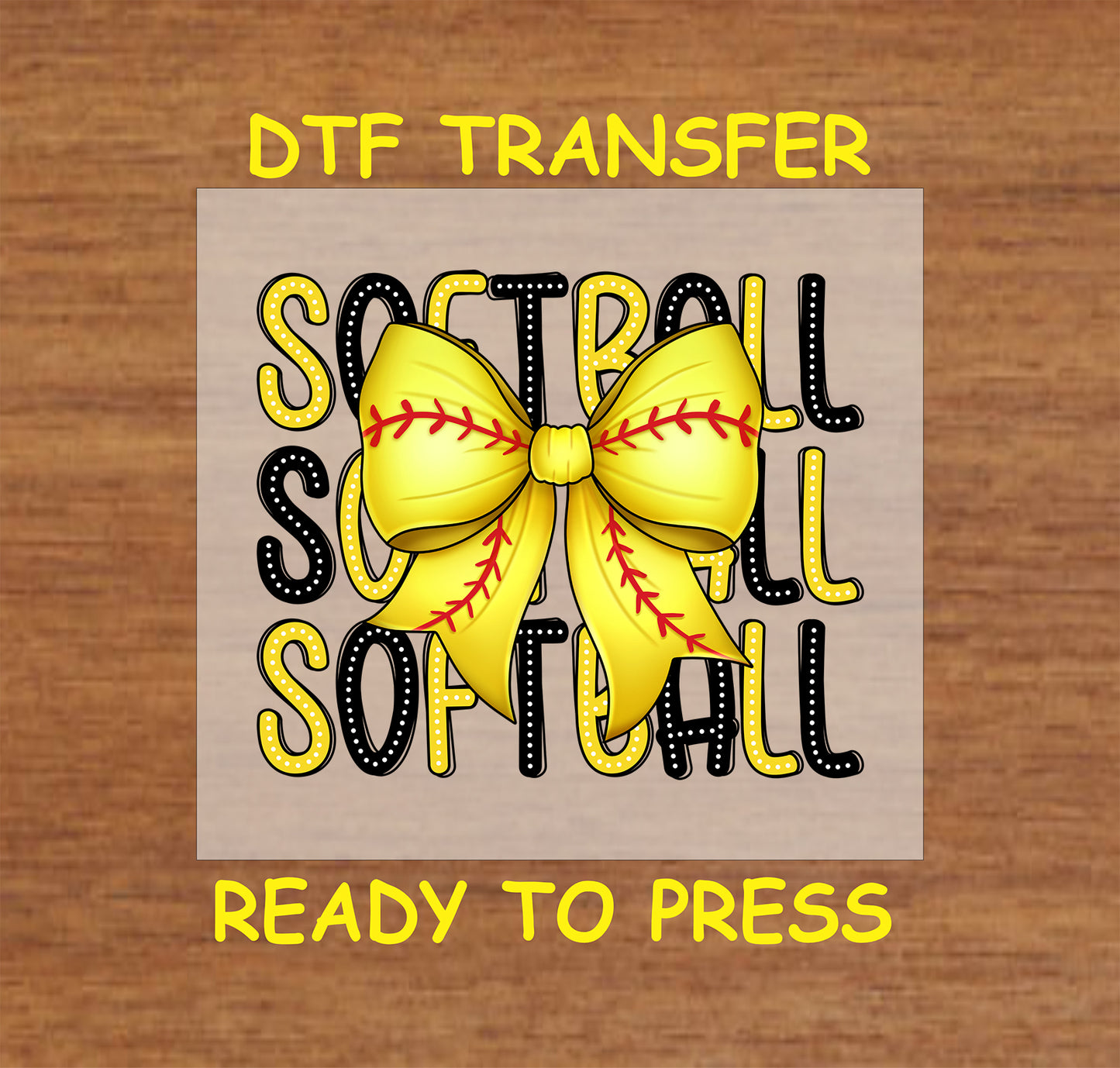 Softball DTF transfer with a large yellow bow and repeated "Softball" text.