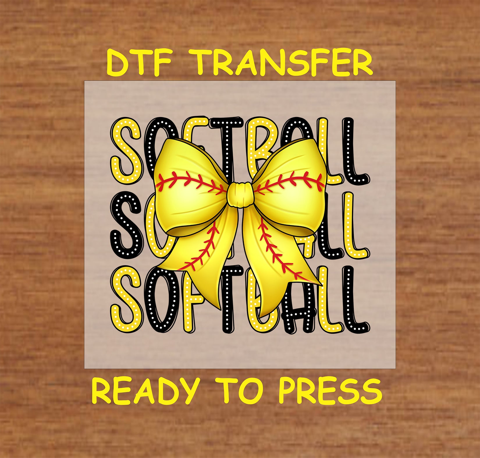 Softball DTF transfer with a large yellow bow and repeated "Softball" text.