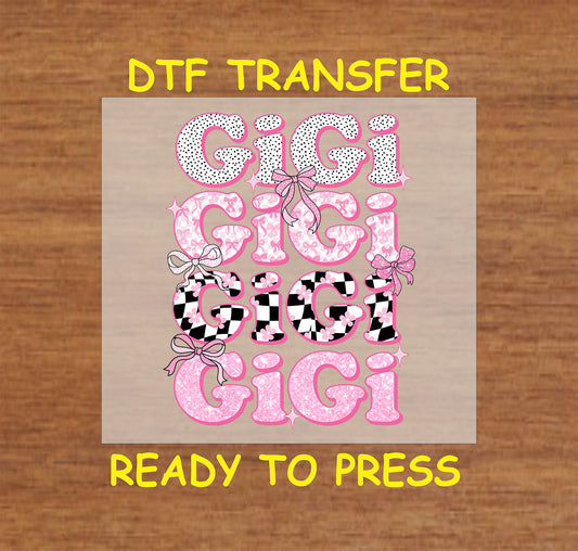 Gigi DTF transfer with pink, checkered, and polka dot text, decorated with bows.