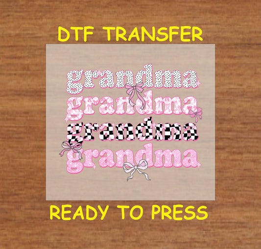 Grandma DTF transfer with pink, checkered, and polka dot text, decorated with bows.