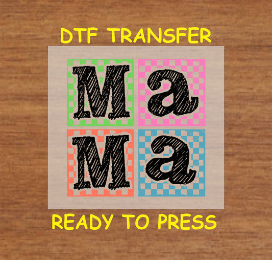 Mama DTF transfer with colorful checkered blocks in green, pink, orange, and blue.