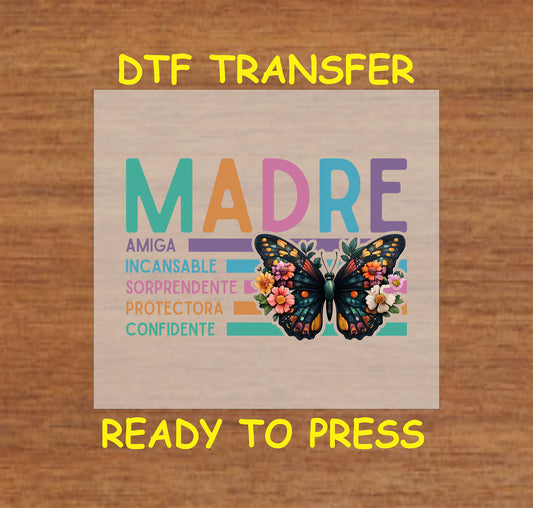 "Madre" word art DTF transfer with butterfly and floral accents in Spanish.