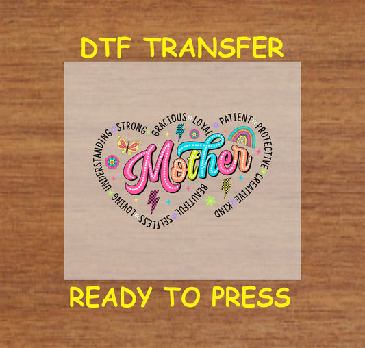 Heart-shaped "Mother" DTF transfer with colorful text and decorative elements.