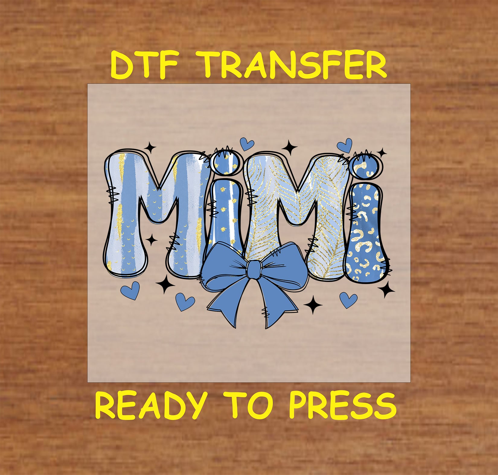 Mimi DTF transfer with a blue and gold glitter-inspired design and bow accent.