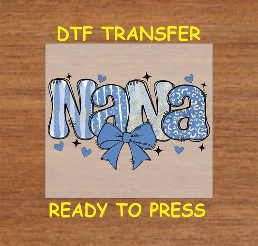 Nana DTF transfer with a blue and gold glitter-inspired design and bow accent.