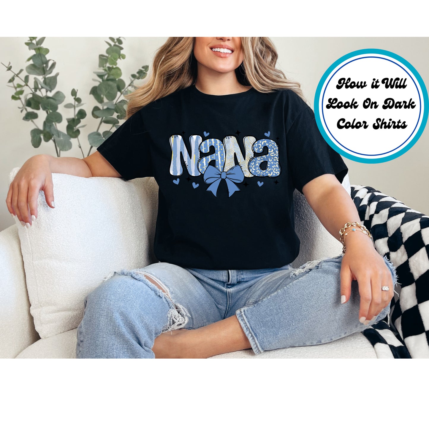 Mom DTF Transfer Iron On Heat Transfer - Ready to Press, Blue Nana Bow DTF Transfer 5496