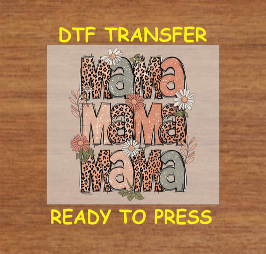 Mama DTF transfer with leopard print, floral accents, and a retro aesthetic.