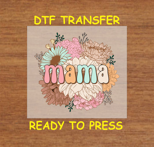 Boho pastel floral "Mama" DTF transfer with wildflowers.