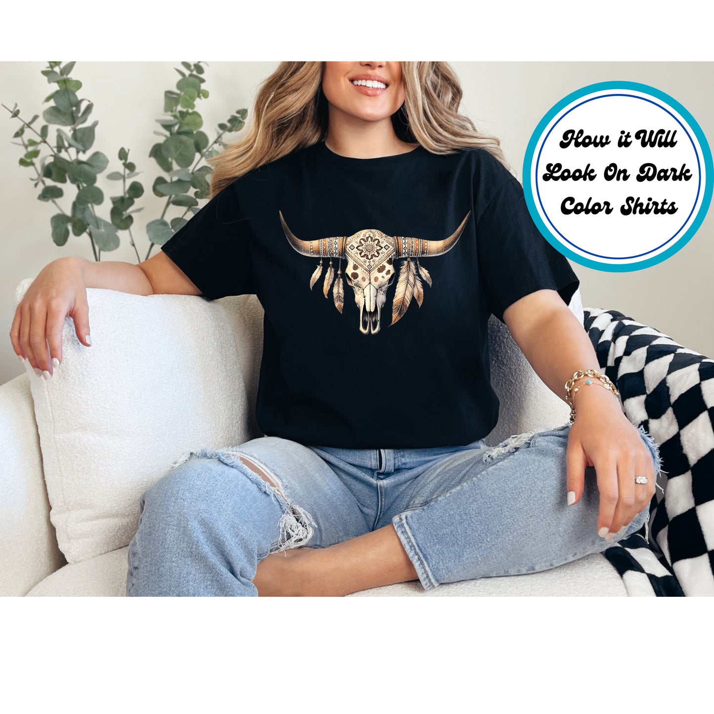 Western DTF Transfer Iron On Heat Transfer - Ready to Press, Western Longhorn Skull DTF Transfer 5510