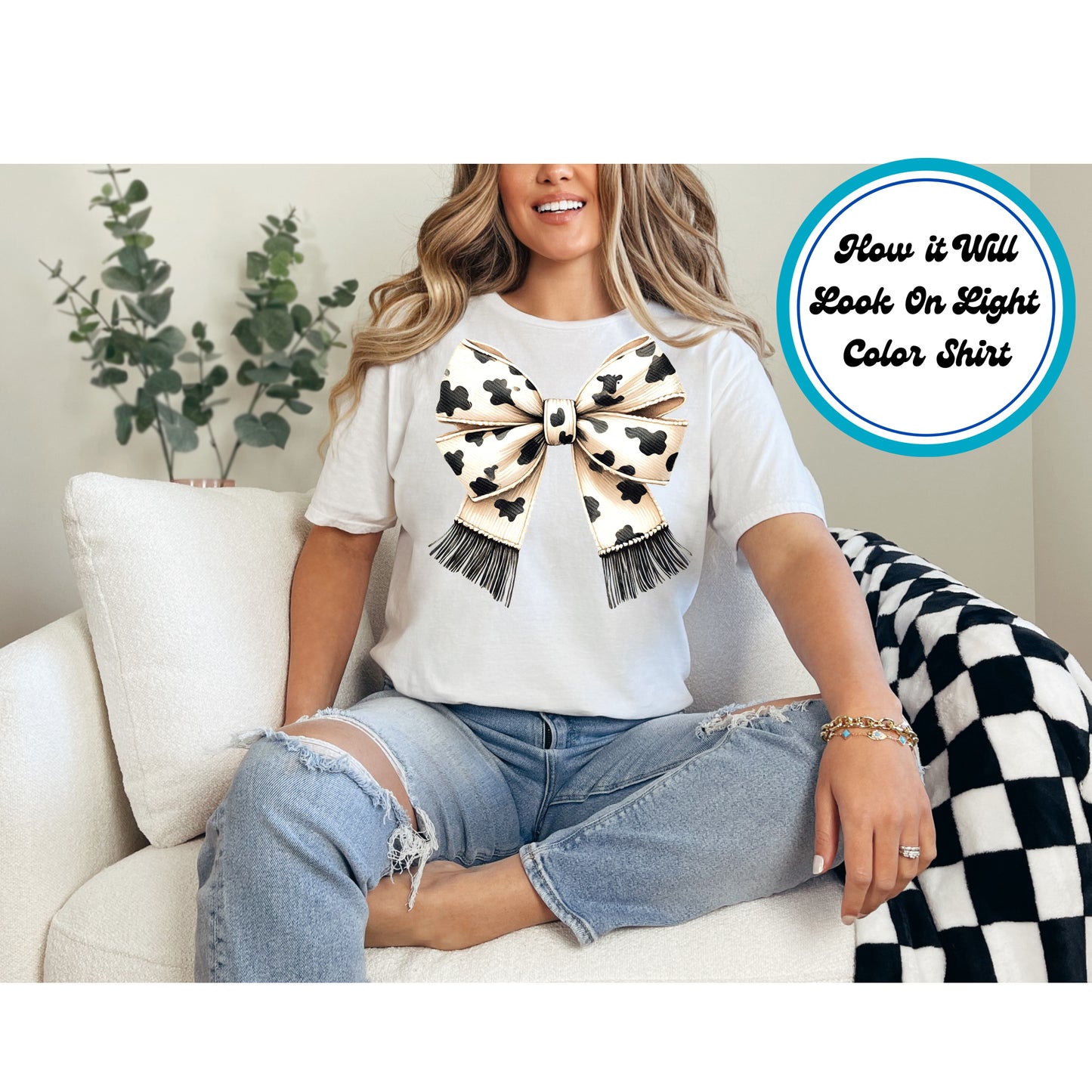 Western DTF Transfer Iron On Heat Transfer - Ready to Press, Cow Print Fringe Bow DTF Transfer 5522