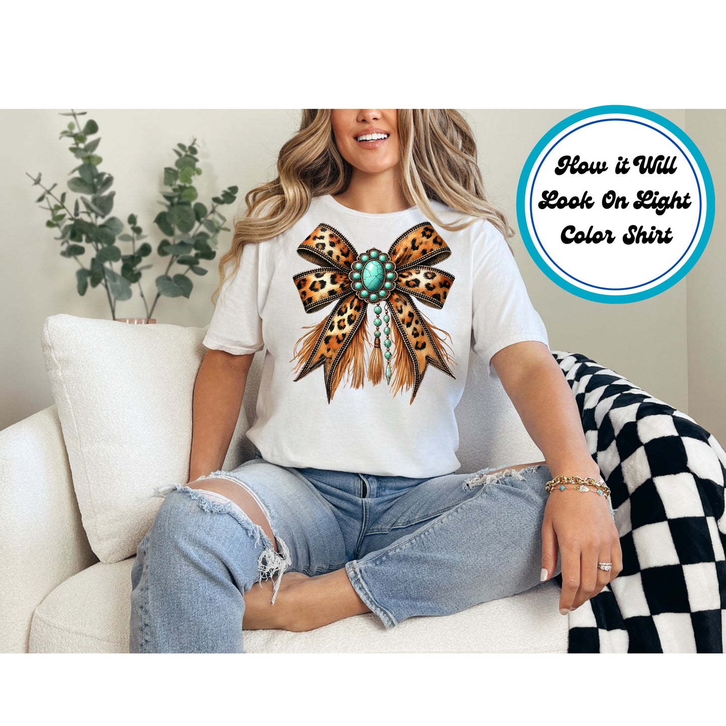Western DTF Transfer Iron On Heat Transfer - Ready to Press, Leopard Turquoise Bow DTF Transfer 5523