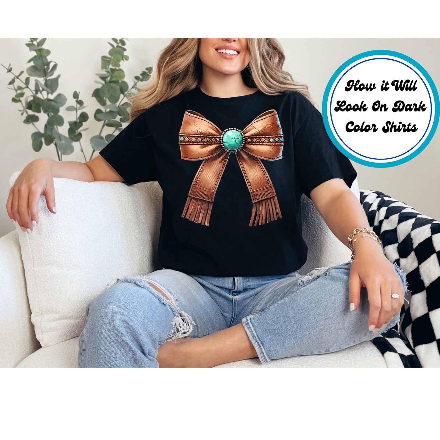 Western DTF Transfer Iron On Heat Transfer - Ready to Press, Leather Turquoise Bow DTF Transfer 5524