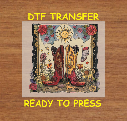Vintage Western cowboy boots DTF transfer with sun, flowers, and rustic border.