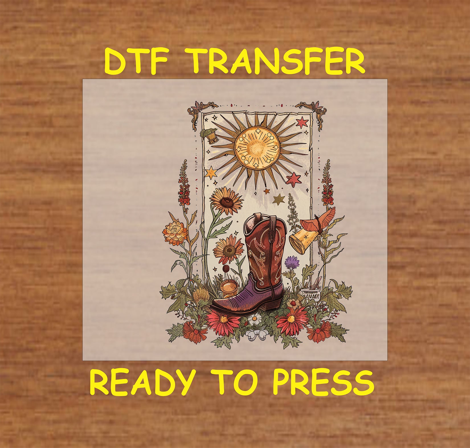 Western cowboy boot DTF transfer with a golden sun, wildflowers, and rustic border.