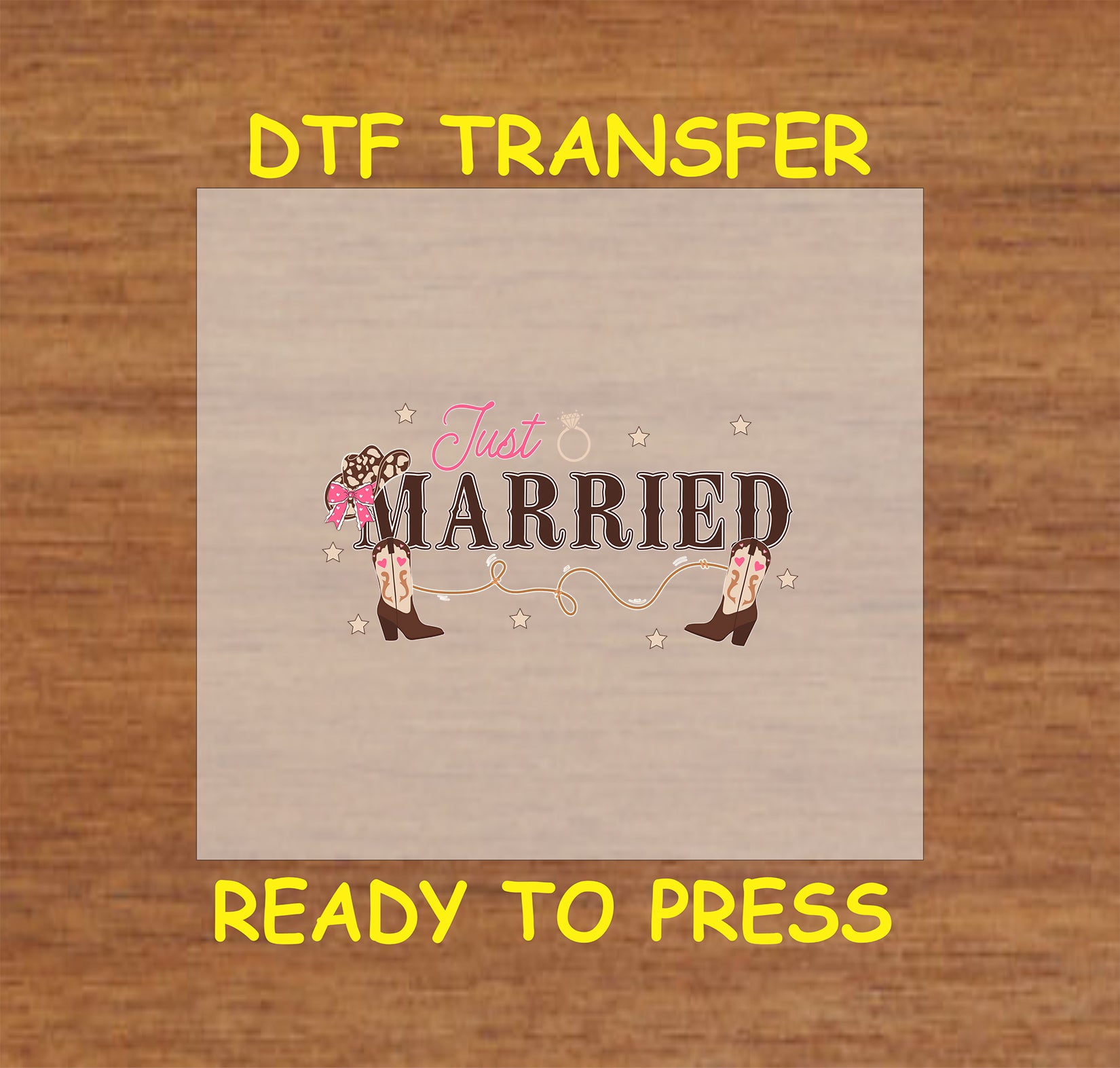 Just Married Western Wedding DTF transfer with cowboy boots and rope accents.

