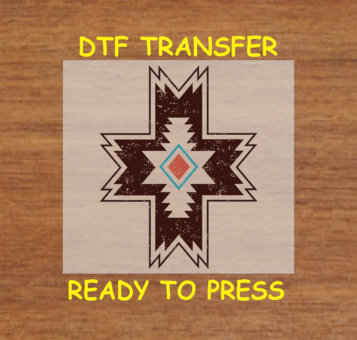 Western Aztec DTF transfer with a bold cross and tribal diamond pattern in earthy tones.