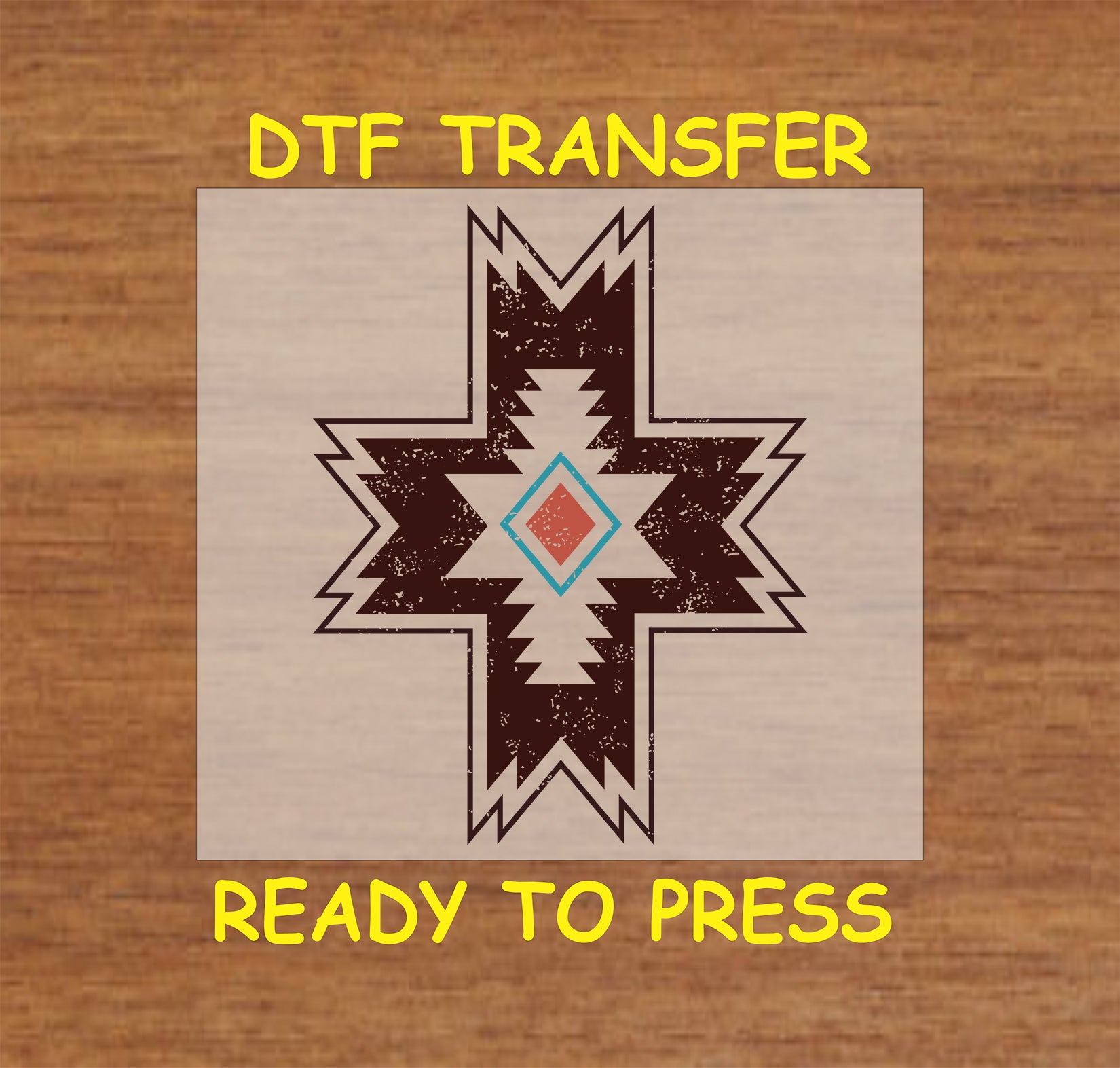 Western Aztec DTF transfer with a bold cross and tribal diamond pattern in earthy tones.