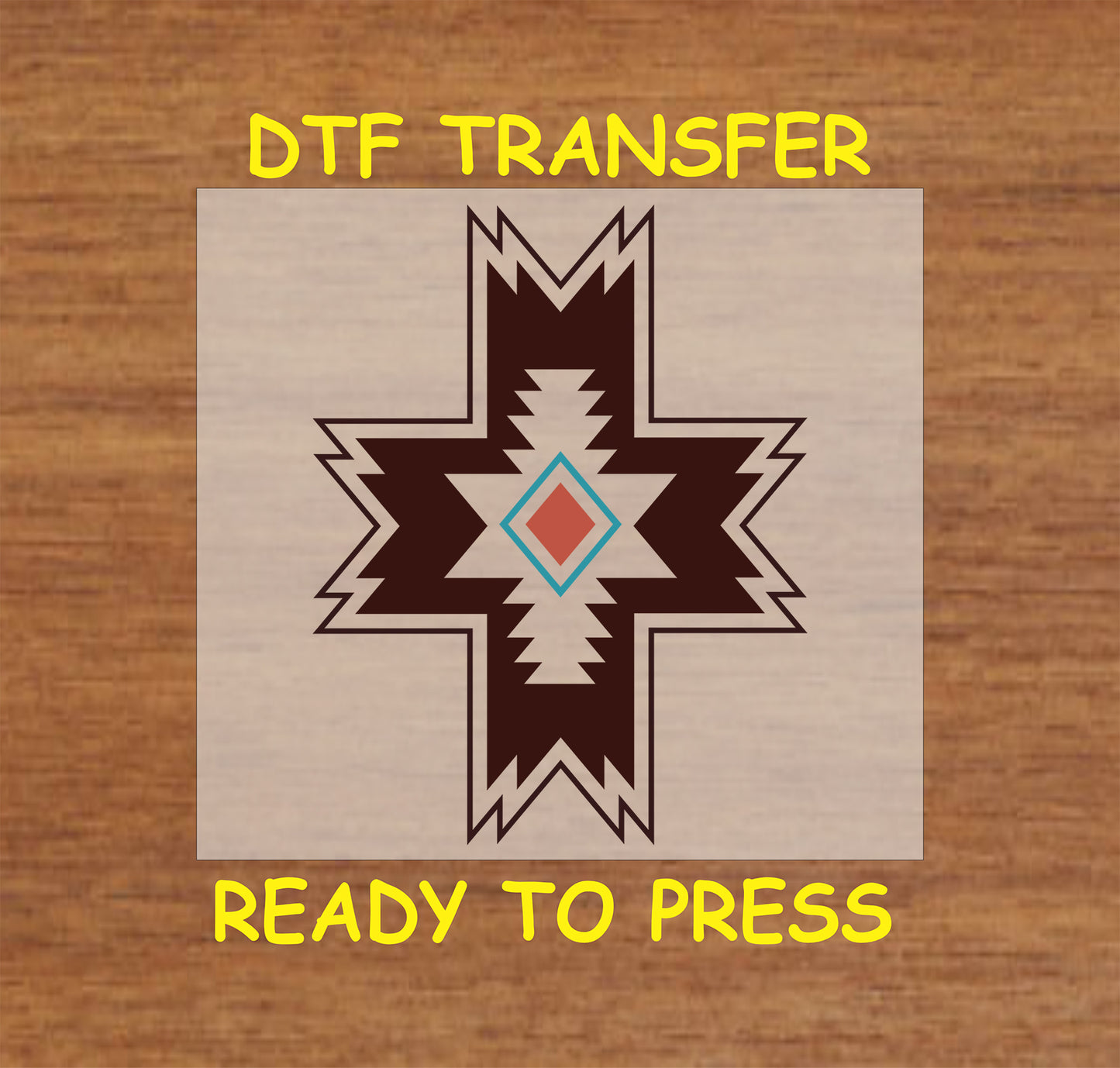 Western Aztec cross DTF transfer with geometric tribal details in earthy colors.