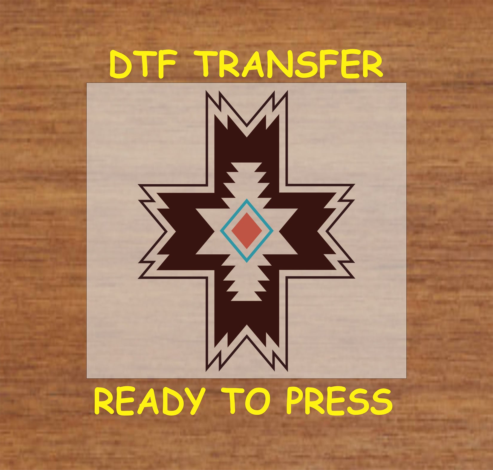 Western Aztec cross DTF transfer with geometric tribal details in earthy colors.