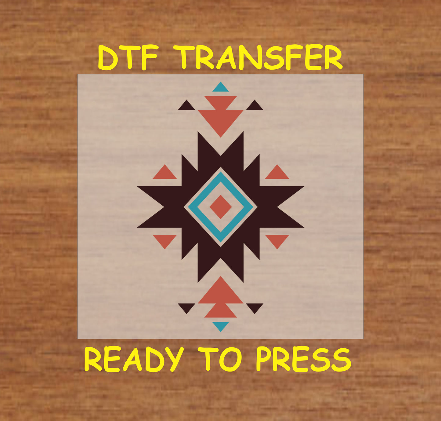 Western Aztec starburst DTF transfer with a bold geometric tribal pattern.