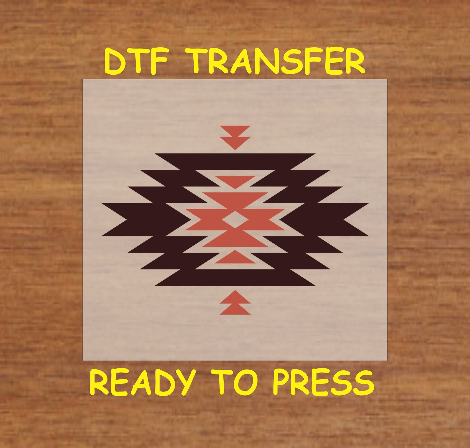 Western Aztec DTF transfer with geometric tribal pattern in brown and rust tones.
