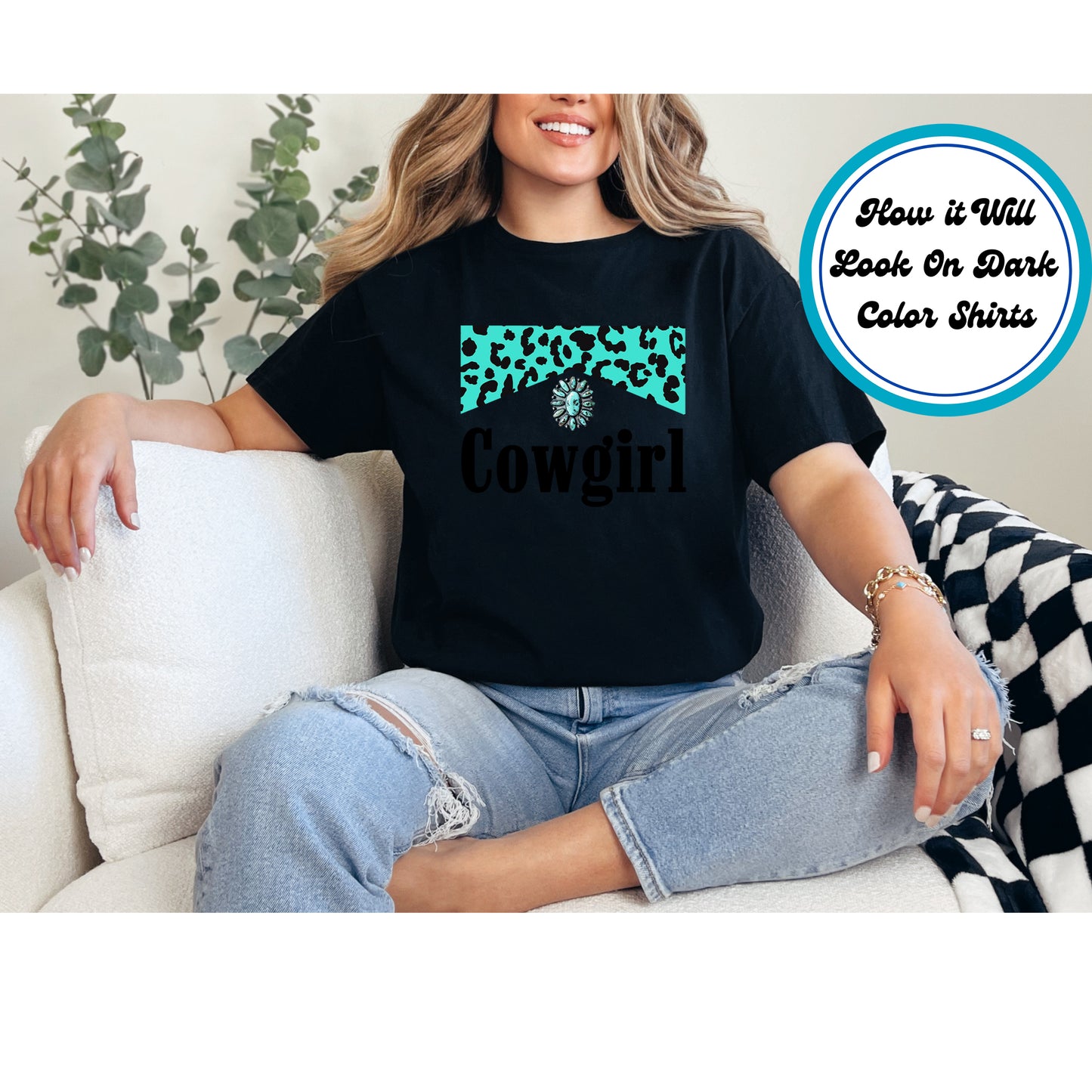 Western DTF Transfer Iron On Heat Transfer - Ready to Press, Turquoise Cowgirl DTF Transfer 5624