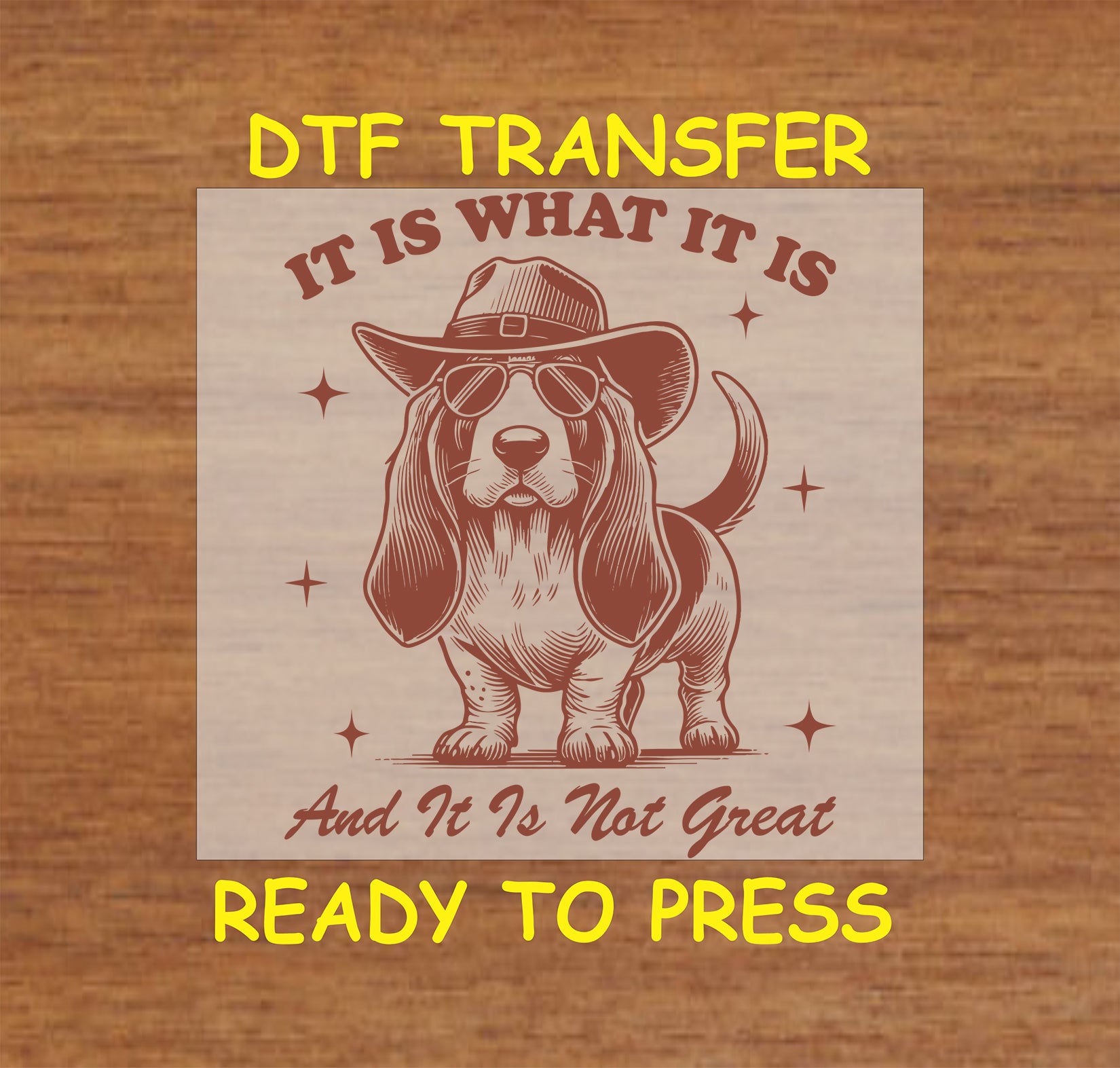 Funny cowboy dog DTF transfer with basset hound wearing a cowboy hat and sunglasses.