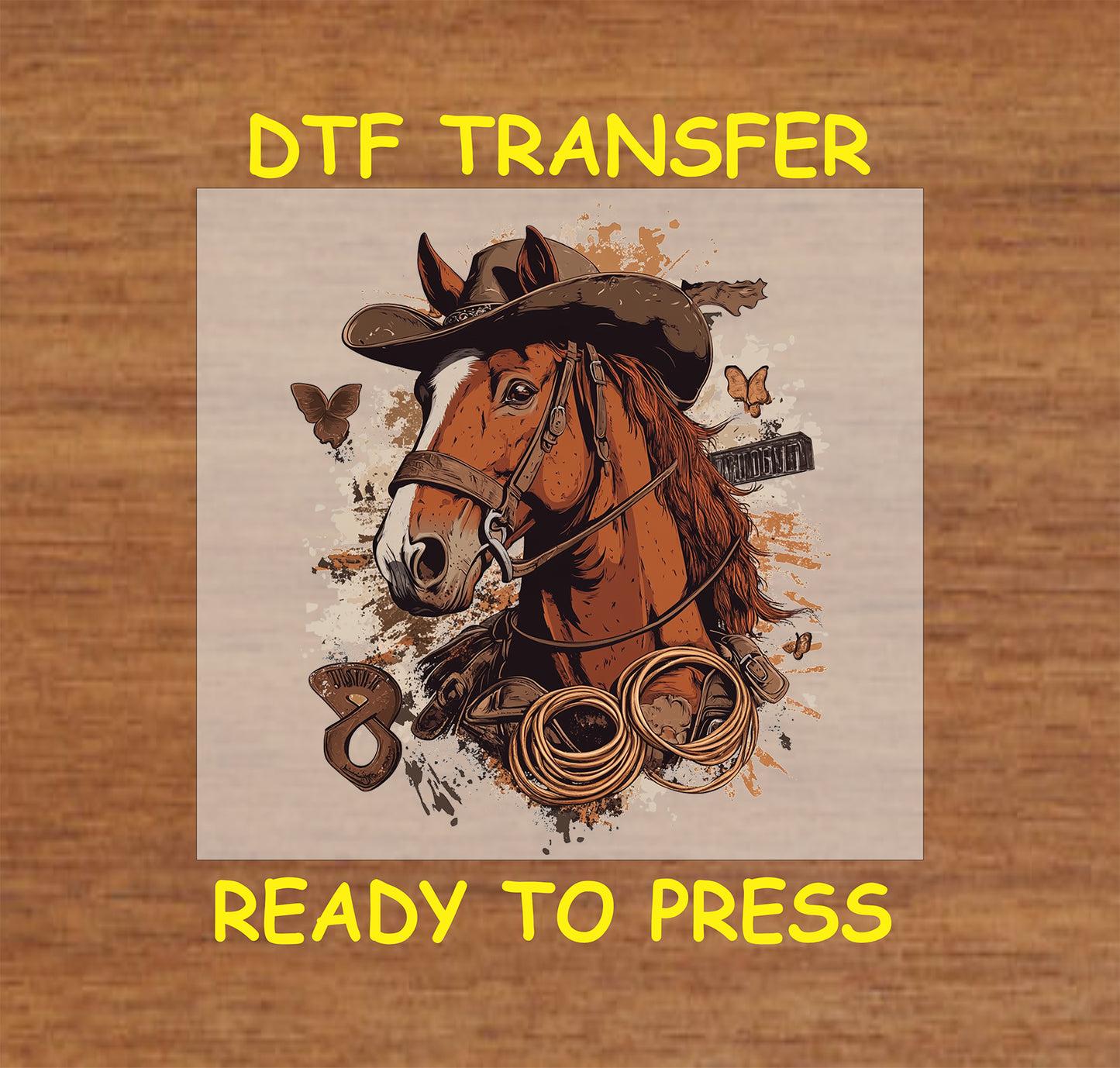 Cowboy horse DTF transfer with a brown horse wearing a cowboy hat, lasso, and rustic western details.